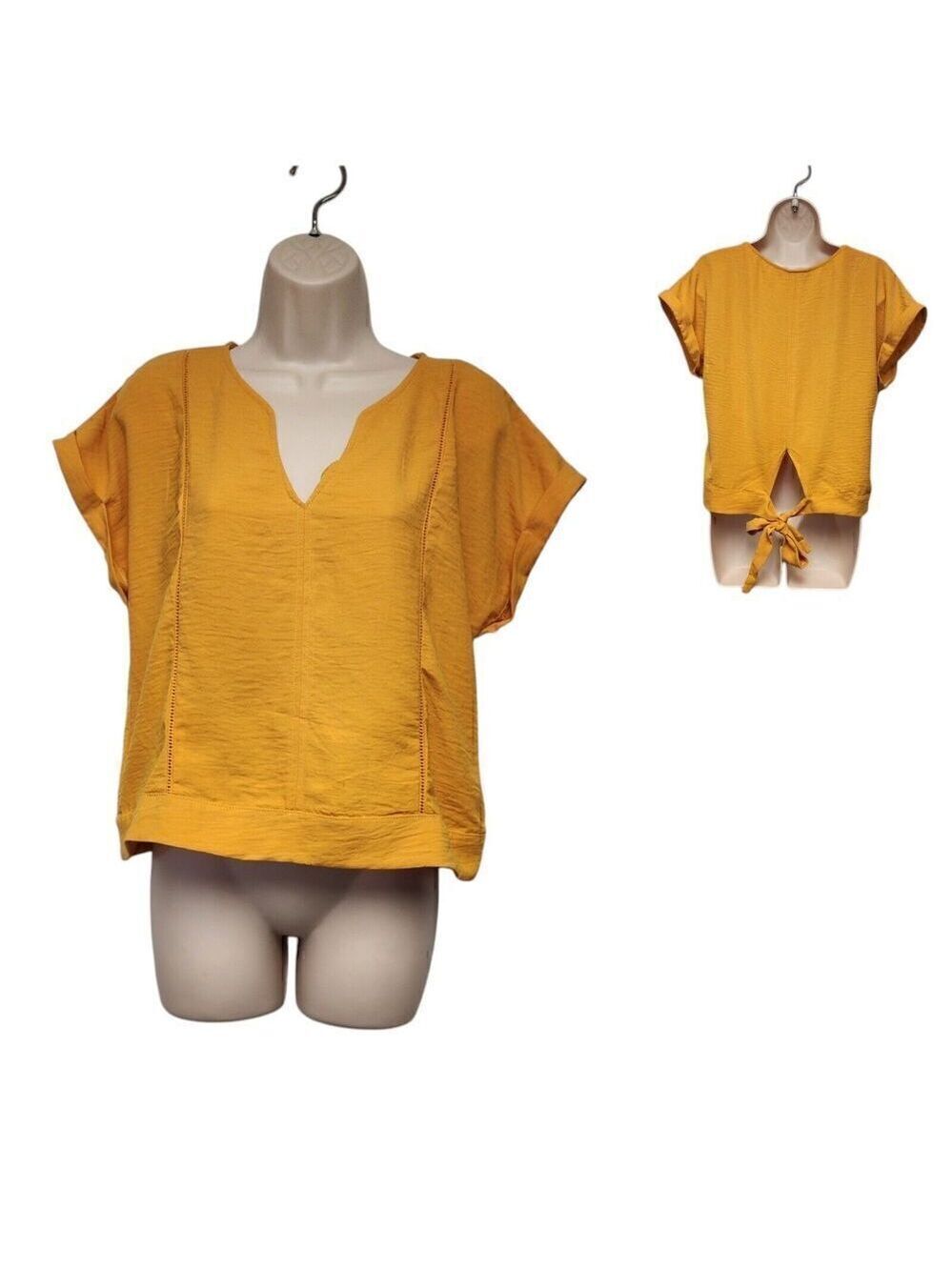 Janetchun Top Womens Yellow Linen Short Sleeve Casual Blouse Size Large